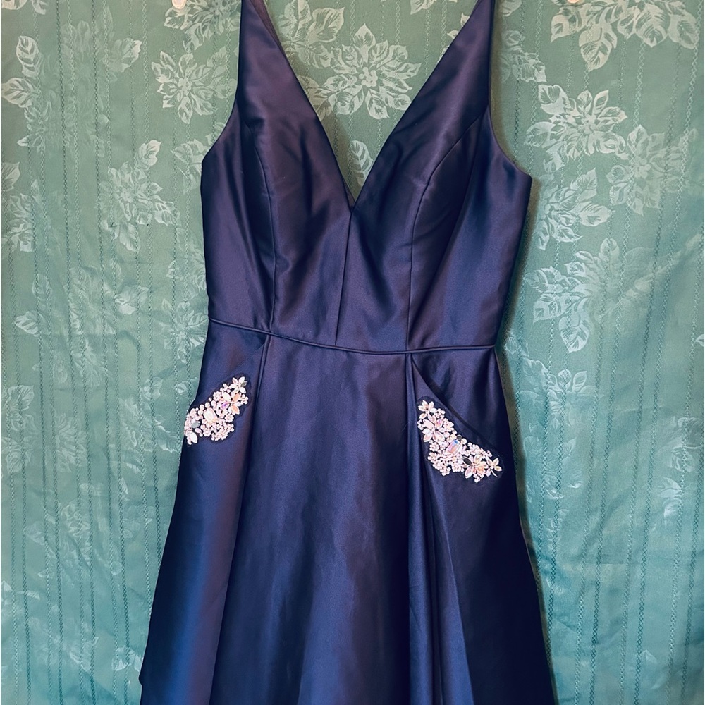 Elegant Navy Blue Mini Dress with Floral Accents